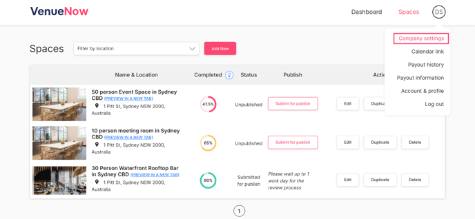 Venue Manager Company Settings Dropdown